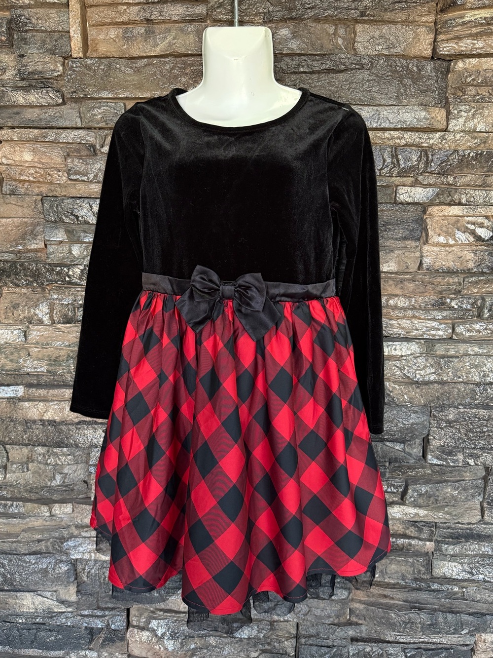 Cat & Jack Black Velvet Top with Red and Black Plaid Skirt Girls' Dress
